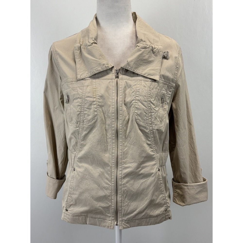 Chicos Lightweight Rip Stop Jacket Sz 1 US Medium Full Zip Roll Tab Sleeves